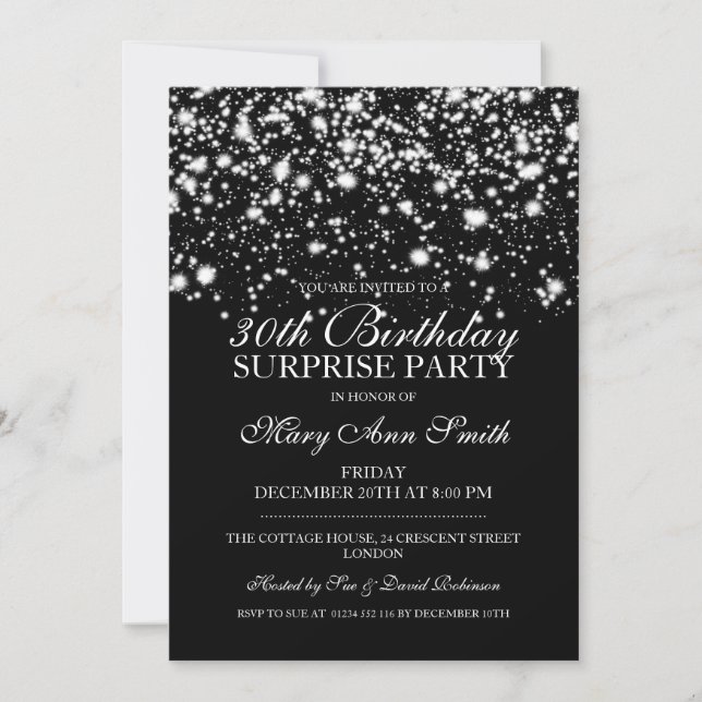 Surprise 30th Birthday Party Silver Midnight Glam Invitation (Front)
