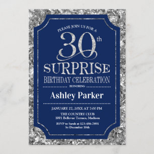 Surprise 30th Birthday Party - Silver Navy Blue Invitation