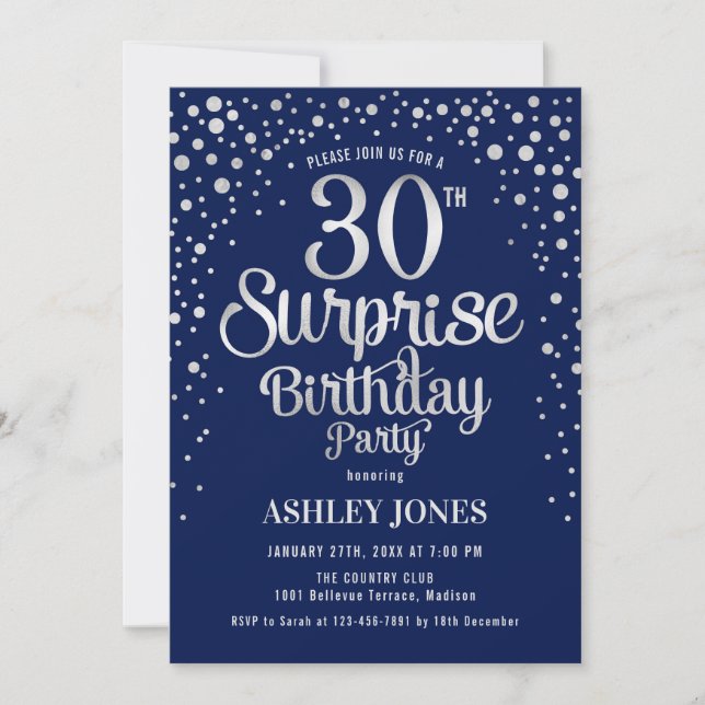 Surprise 30th Birthday Party - Silver & Navy Invitation (Front)