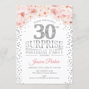 Surprise 30th Birthday Party - White Silver Pink Invitation