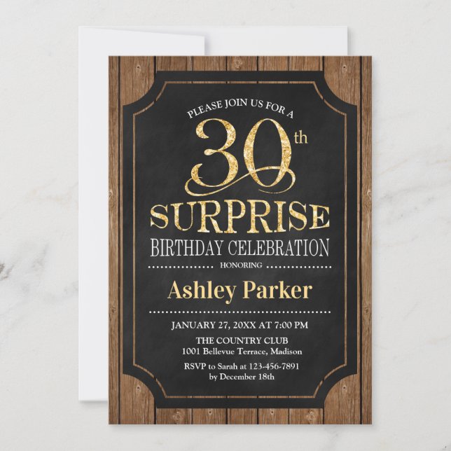 Surprise 30th Birthday Party - Wood Gold Invitation (Front)