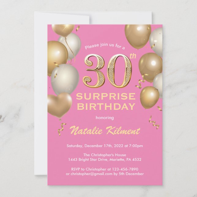 Surprise 30th Birthday Pink and Gold Balloons Invitation (Front)