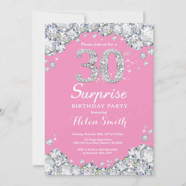 Surprise 30th Birthday Pink and Silver Diamond Invitation (Front)