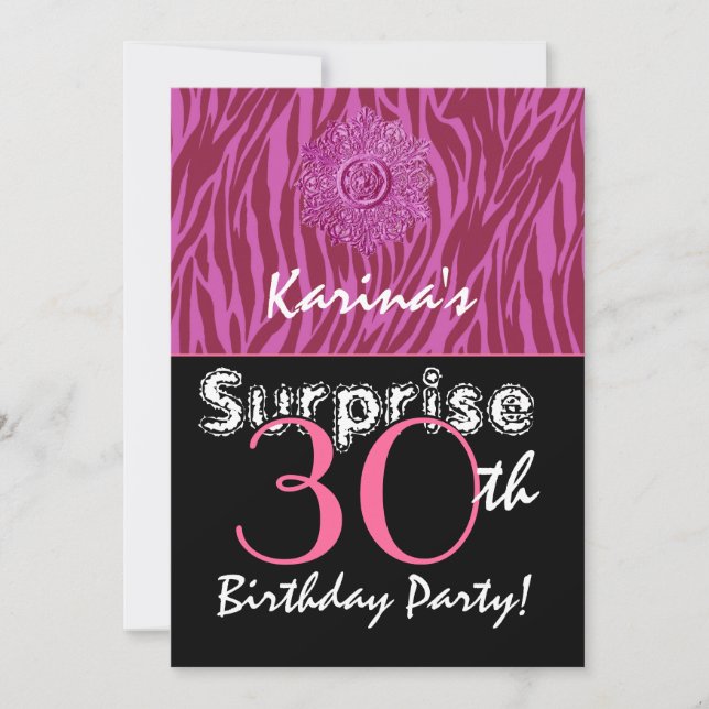 SURPRISE 30th Birthday Pink and Wine Zebra G400 Invitation (Front)