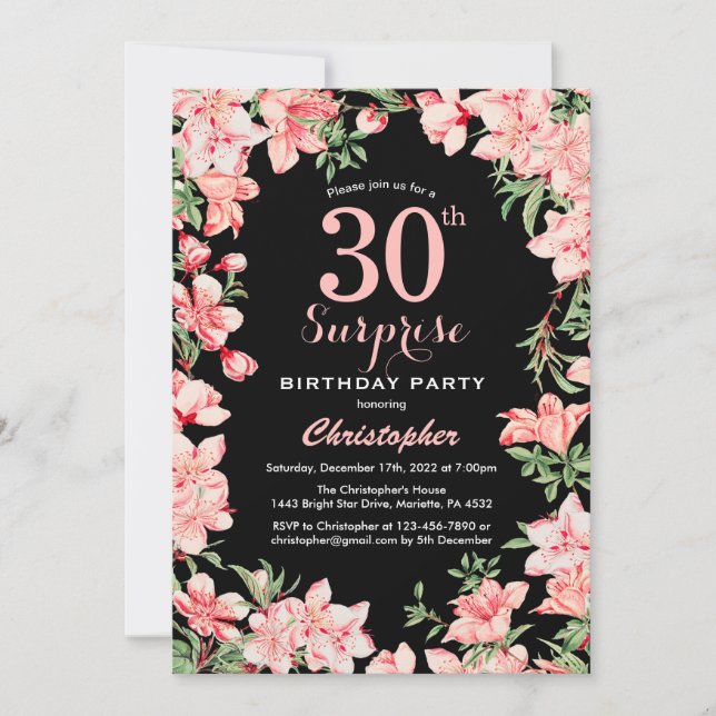 Surprise 30th Birthday Pink Floral Flowers Black Invitation (Front)