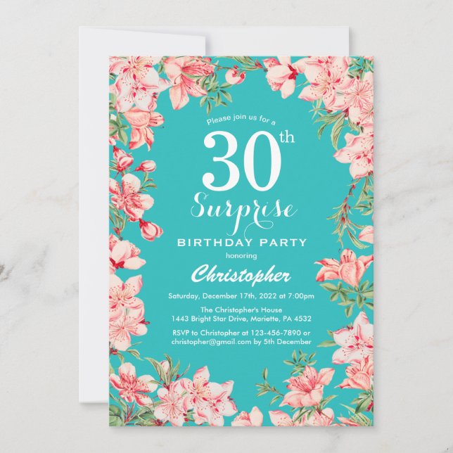 Surprise 30th Birthday Pink Floral Flowers Teal  Invitation (Front)