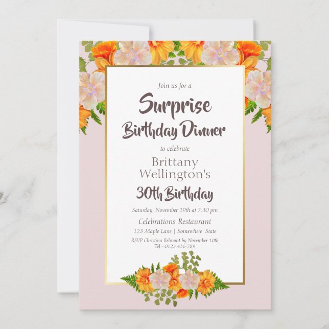 Surprise 30th Birthday Pink Orange Gold Party Invitation (Front)