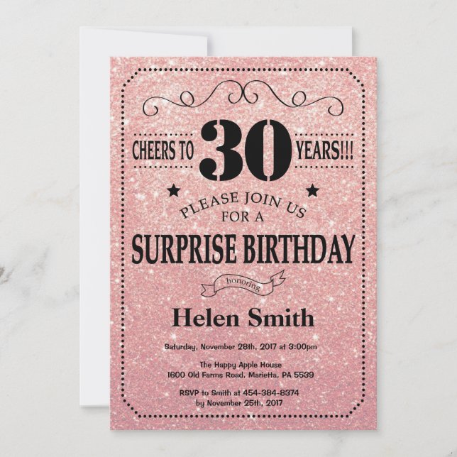 Surprise 30th Birthday Pink Rose Gold Glitter Invitation (Front)