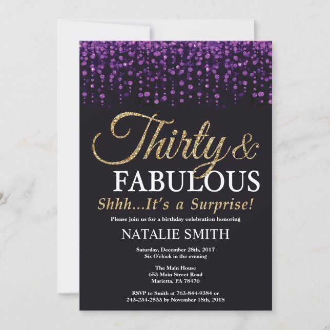 Surprise 30th Birthday Purple and Gold Glitter Invitation (Front)