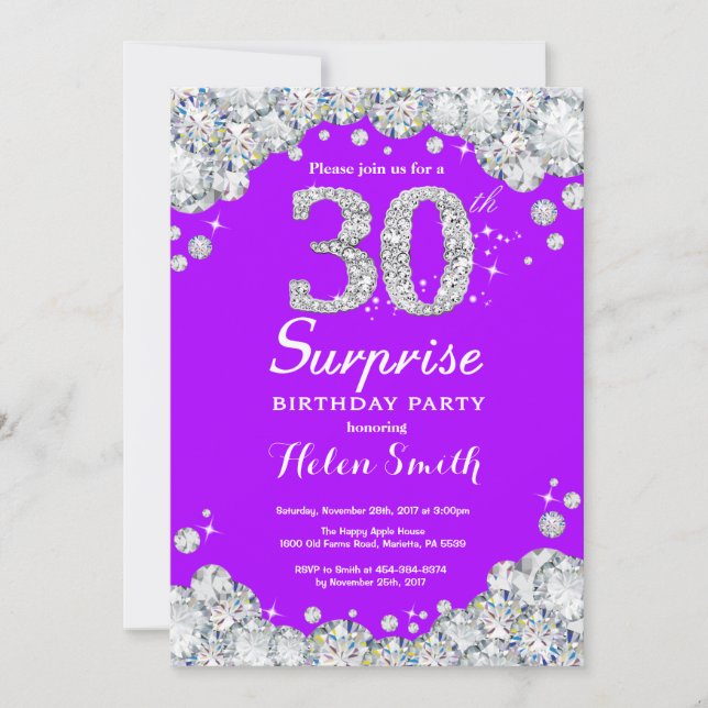 Surprise 30th Birthday Purple and Silver Diamond Invitation (Front)