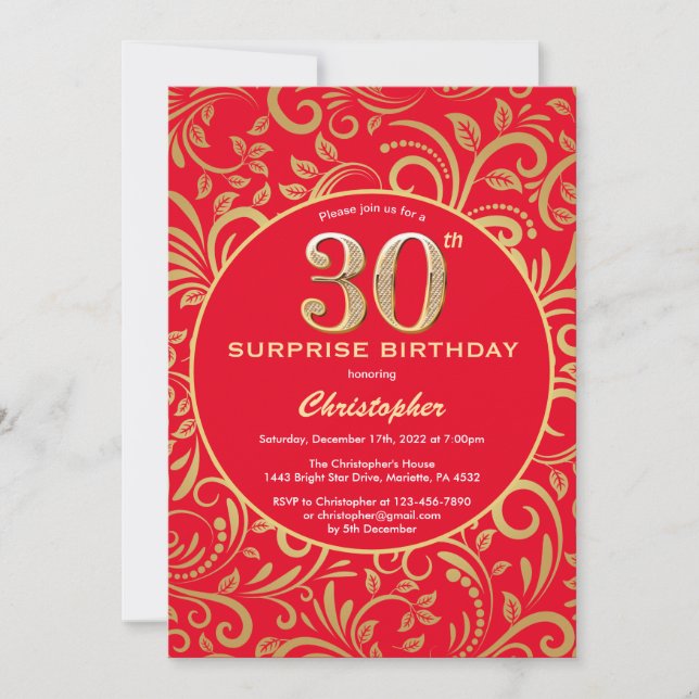 Surprise 30th Birthday Red and Gold Floral Invitation (Front)