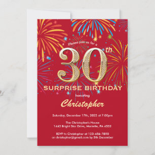 Surprise 30th Birthday Red & Gold Rainbow FireworK Invitation