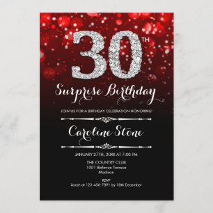 Surprise 30th Birthday - Red Silver Invitation