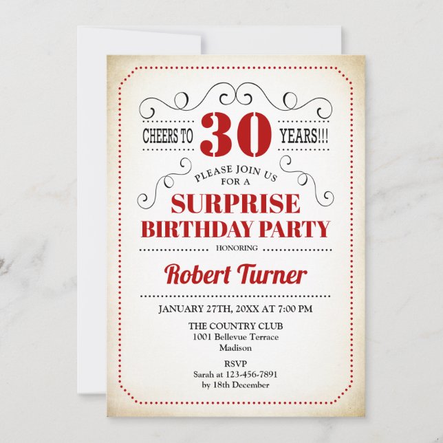 Surprise 30th Birthday - Red White Black Invitation (Front)