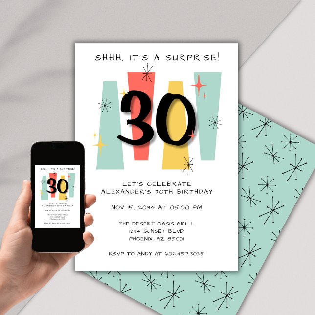 Surprise 30th Birthday Retro Midcentury Modern Invitation (Creator Uploaded)