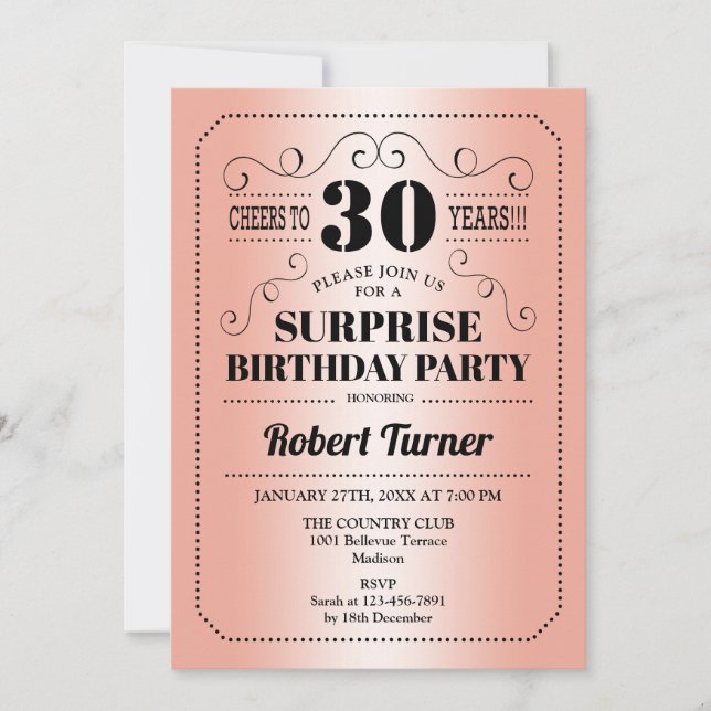 Surprise 30th Birthday - Rose Gold Black Invitation (Front)