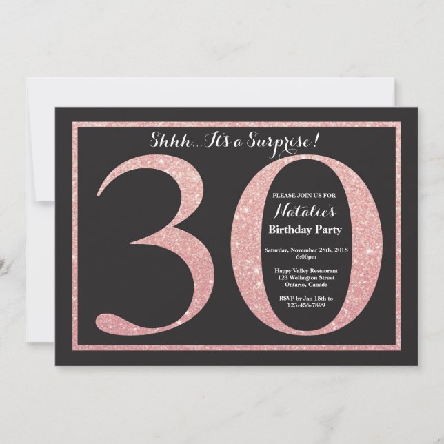 Surprise 30th Birthday Rose Pink Gold Glitter Invitation (Front)