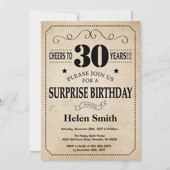 Surprise 30th Birthday Rustic Vintage Retro Invitation (Front)