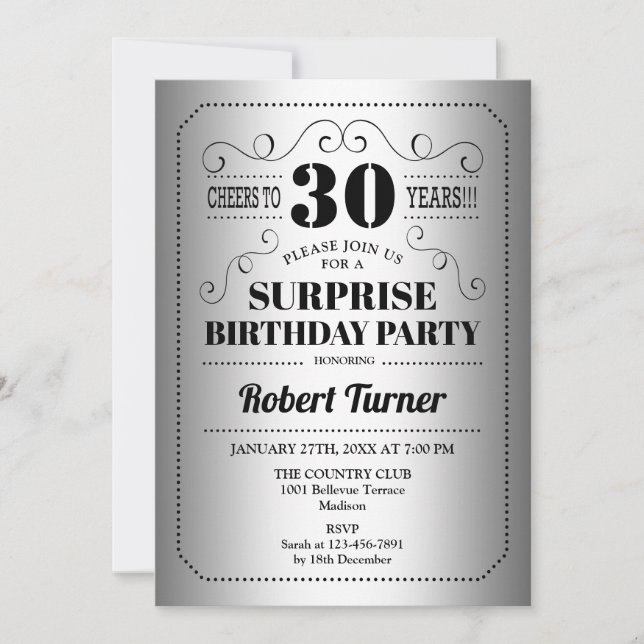 Surprise 30th Birthday - Silver Black Invitation (Front)
