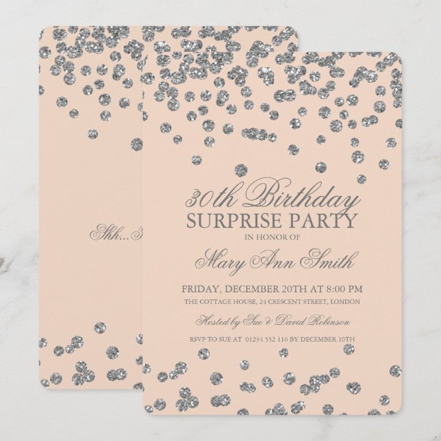 Surprise 30th Birthday Silver Glitter Blush Invitation (Front/Back)