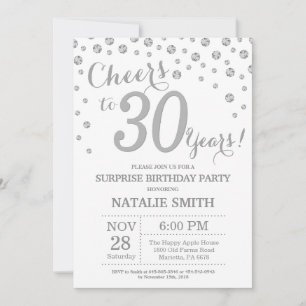 Surprise 30th Birthday Silver Glitter Diamond Invitation
