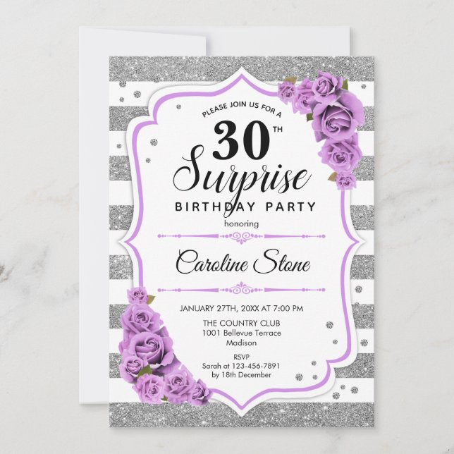 Surprise 30th Birthday - Silver White Purple Invitation (Front)