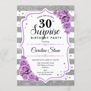 Surprise 30th Birthday - Silver White Purple Invitation
