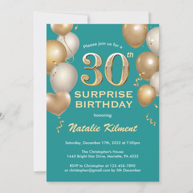 Surprise 30th Birthday Teal and Gold Balloons Invitation (Front)