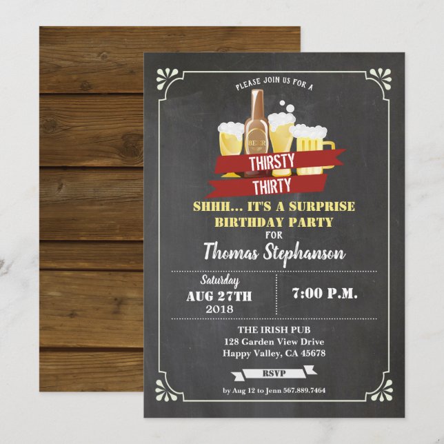 Surprise 30th birthday Thirsty 30 bar chalkboard Invitation (Front/Back)