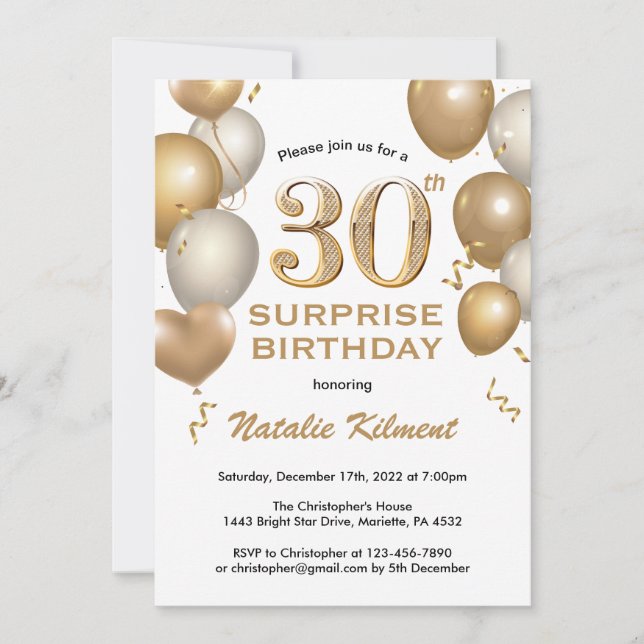 Surprise 30th Birthday White and Gold Balloons Invitation (Front)