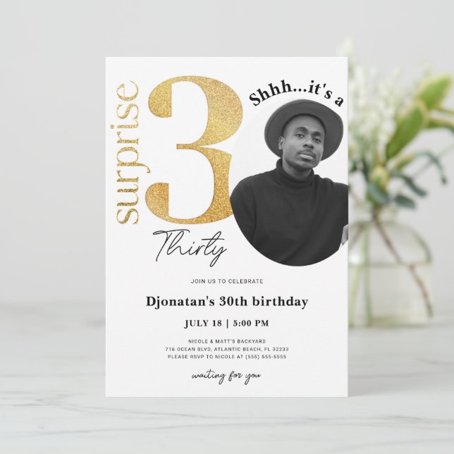 Surprise 30th Gold Birthday Invitation with Photo (Standing Front)