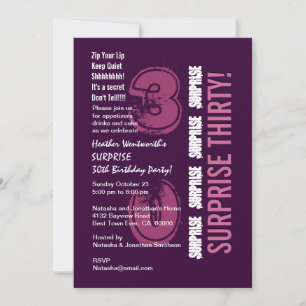 SURPRISE 30th Modern Birthday Purple and Pink Invitation