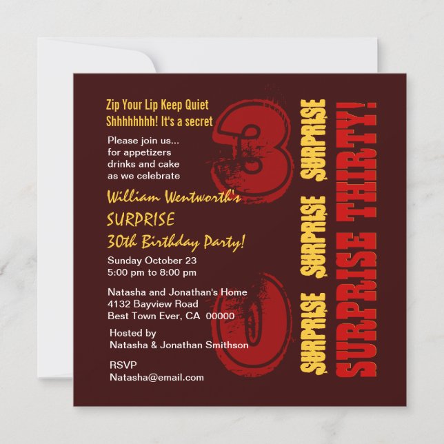 SURPRISE 30th Modern Birthday Red Gold Brown Invitation (Front)
