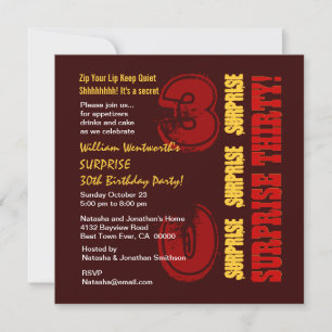 SURPRISE 30th Modern Birthday Red Gold Brown Invitation
