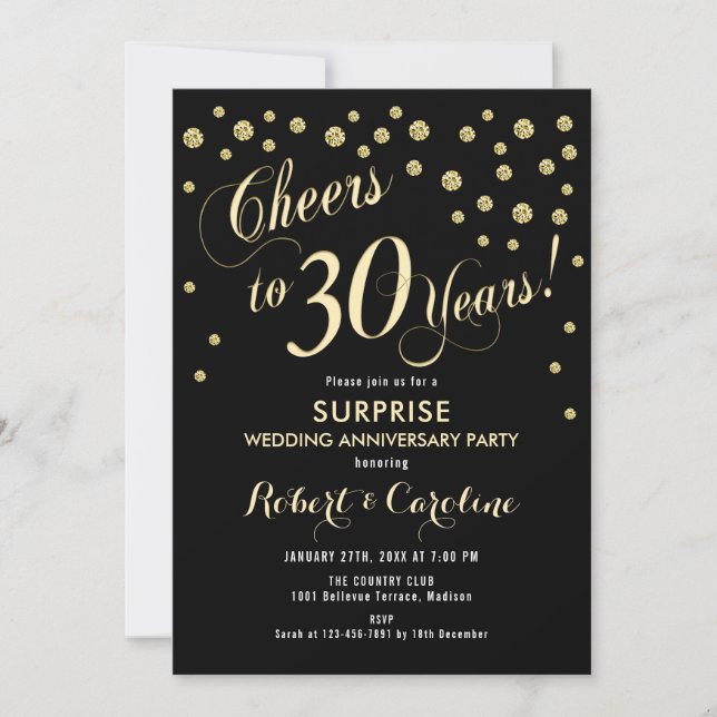 Surprise 30th Wedding Anniversary - Black & Gold Invitation (Front)