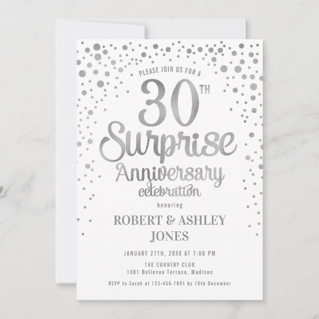 Surprise 30th Wedding Anniversary - Silver & White Invitation (Front)