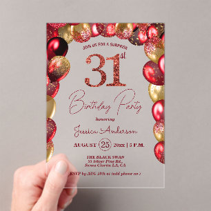 Surprise 31st Birthday Party Gold Burgundy Glitter Acrylic Invitations