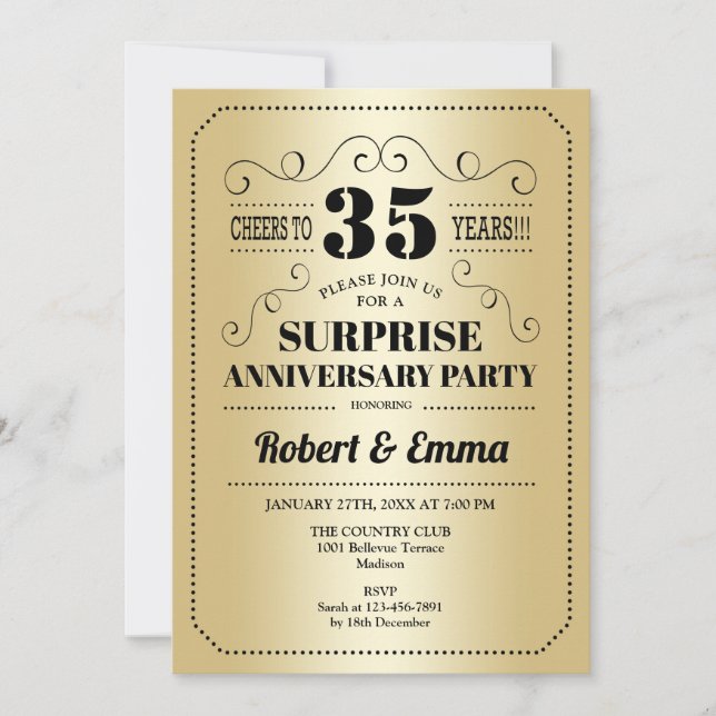 Surprise 35th Anniversary Party - Gold Black Invitation (Front)