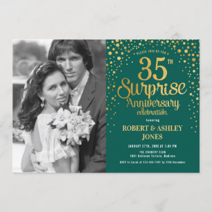 Surprise 35th Anniversary with Photo - Green Gold Invitation