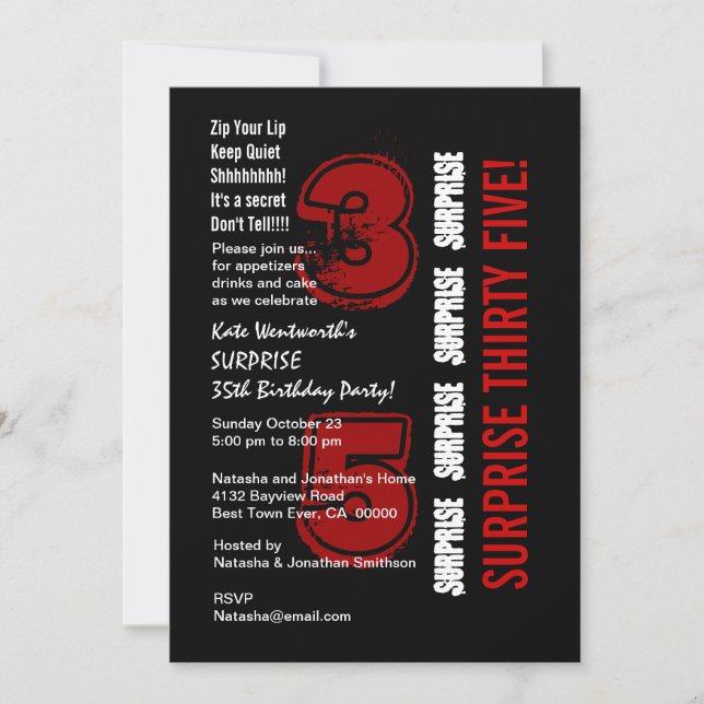 SURPRISE 35th Modern Birthday Red Black and White Invitation (Front)