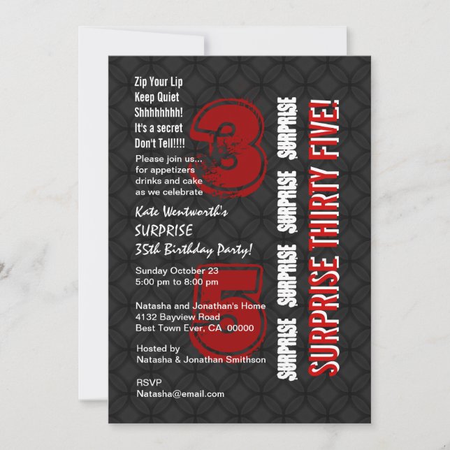 SURPRISE 35th Modern Birthday Red Black White G541 Invitation (Front)