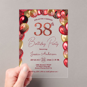 Surprise 38th Birthday Party Gold Burgundy Glitter Acrylic Invitations