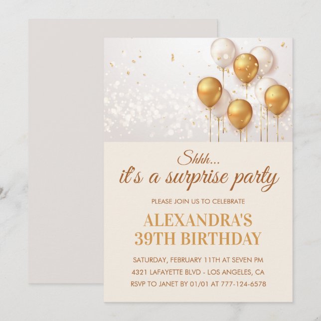 Surprise 39th birthday invitations Gold (Front/Back)