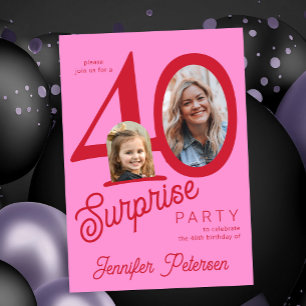 Surprise 40 modern red pink 2 photo 40th birthday invitation