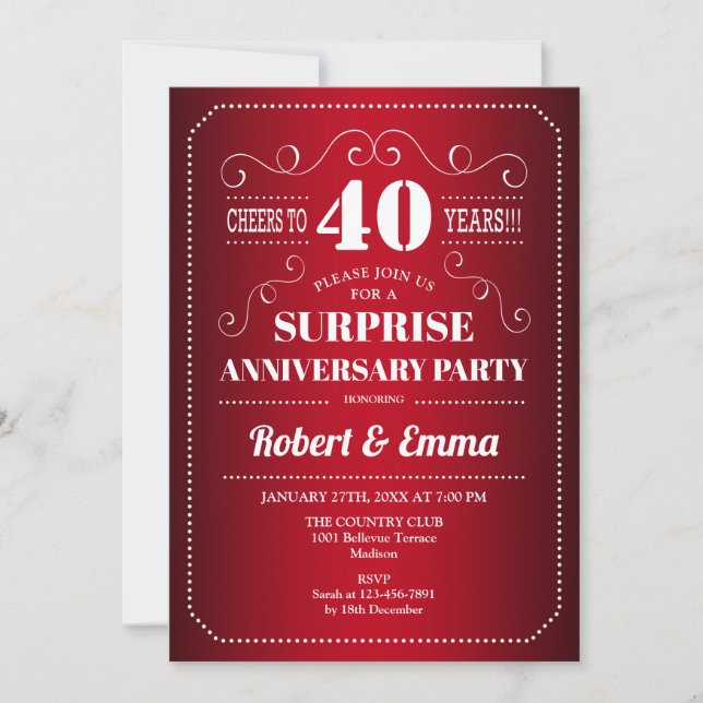 Surprise 40th Anniversary Party - Ruby Red Invitation (Front)