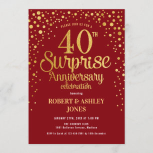 Surprise 40th Anniversary - Ruby Red & Gold Invitation