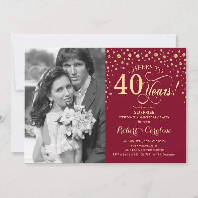 Surprise 40th Anniversary with Photo Red Gold Invitation (Front)