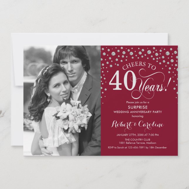 Surprise 40th Anniversary with Photo Red Silver Invitation (Front)