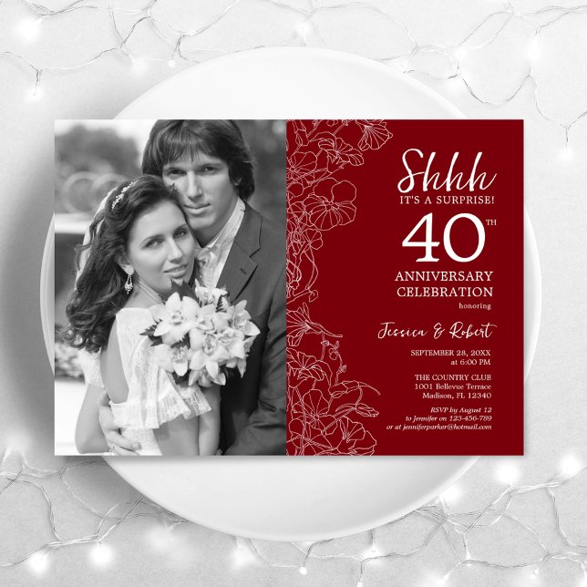 Surprise 40th Anniversary With Photo - Red White Invitation (Creator Uploaded)