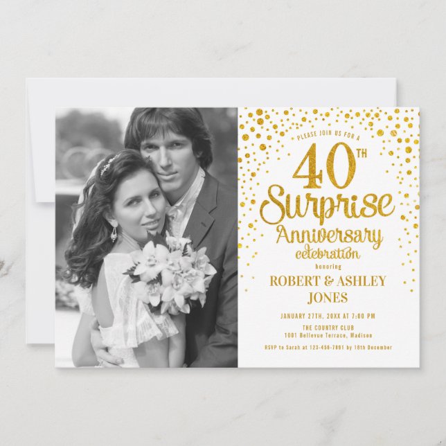 Surprise 40th Anniversary with Photo - White Gold Invitation (Front)